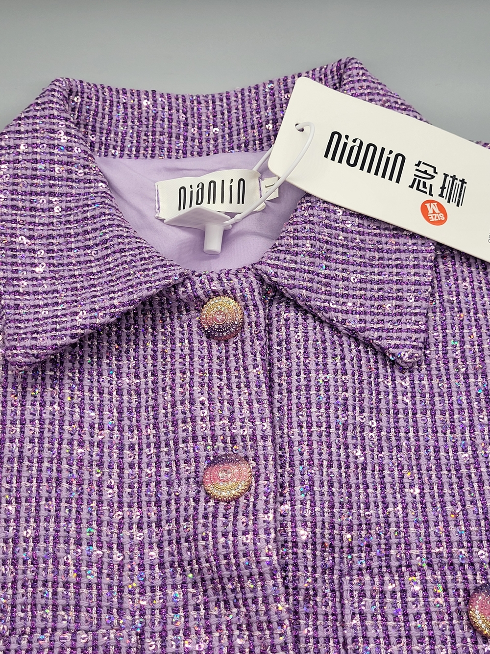 Nianlin Sleeveless Purple Sequin Tweed Shorts Set - Picture 9 of 17